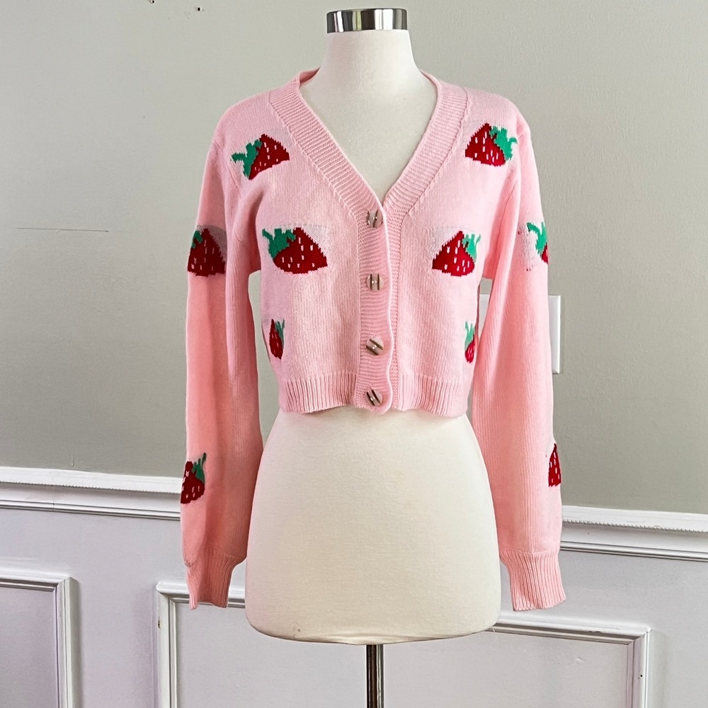 Strawberry‎ Cardigan Sweater Women S Pink Cropped V-Neck Knit Cottagecore Kawaii
